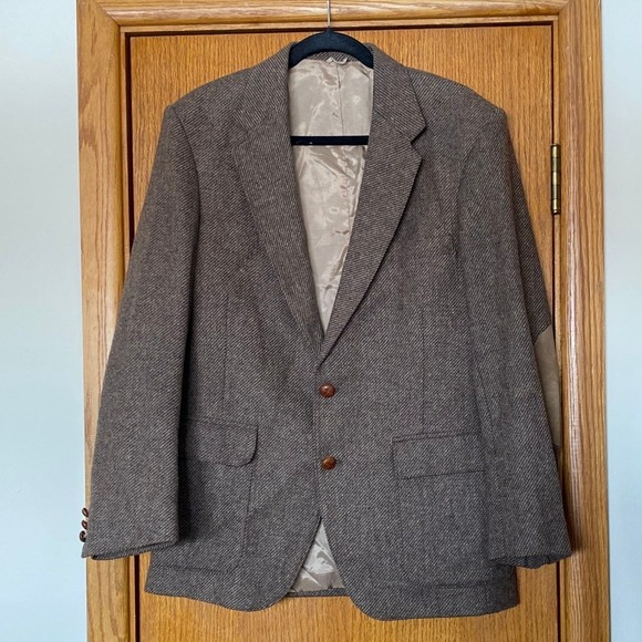 Vintage Wool Herringbone Suede Elbow Patches Brown Blazer 40R Mens Western Folk
